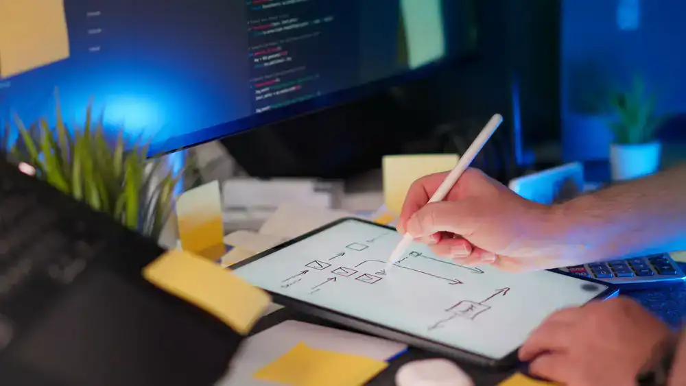 A young student sketching character designs before coding
